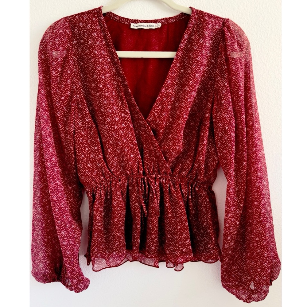 Abercrombie & Fitch Women’s V Neck Ruffle Floral Surplice Sheer Blouse Red White